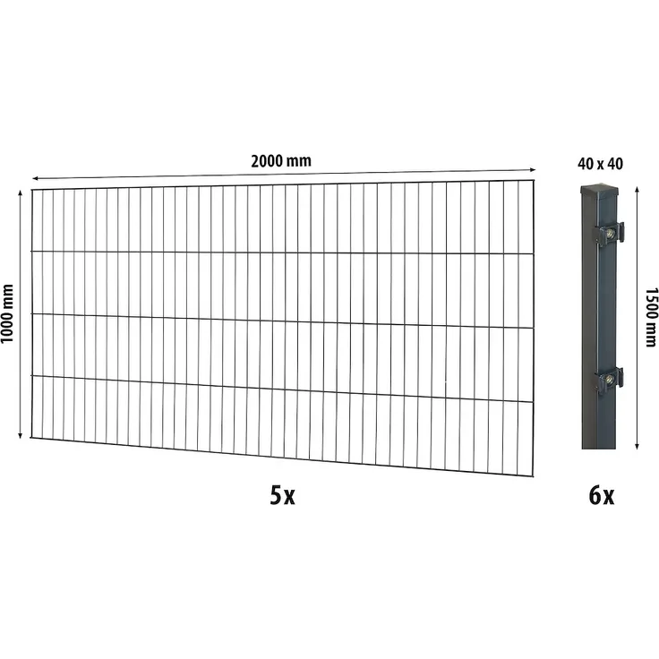 JUNGELMAR Classic ES-Mattenzaun-Set 1000, 10m anthrazit, inkl. 5 Einstabmatten und 6 Pfosten