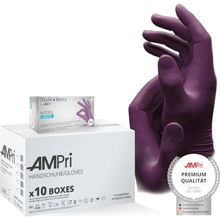 AMPri Nitrilhandschuhe, lila, Einmalhandschuhe, Größe M, puderfrei, 10 Boxen mit je 100 Stück, hautfreundlich und reissfest, Style Berry by Med-Comfort – Bild 1