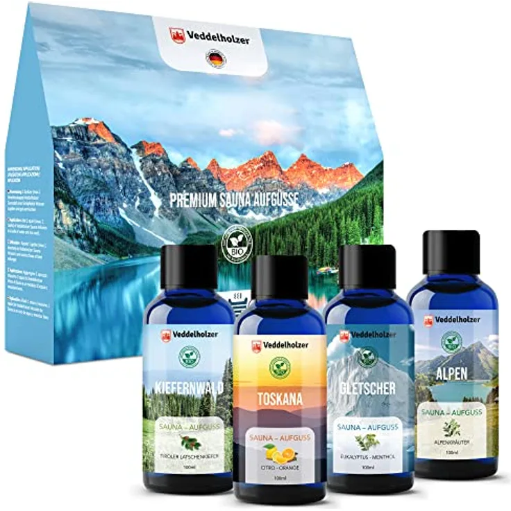 Veddelholzer BIO Sauna-Aufgussset, 4-tlg. Geschenkset mit 100% naturreinen ätherischen Ölen, 4 x 100 ml Saunaöle