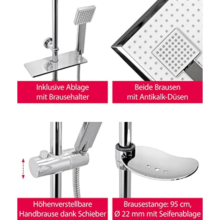 'aquaSu® Basic Duschsystem 914 | Ø 7,5 cm Handbrause mit Regenstrahl | Ø 20 x 20 cm Kopfbrause | Anti-Kalk | Wassersparend | 95 cm Duschstange | Metall-Brauseschläuche Typ 1/2 ' | Chrom | 72791 4 – Bild 3