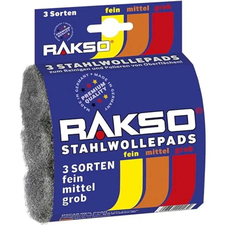 RAKSO Stahlwolle DIY Polier- und Schleifpads, 3er Set fein, mittel, grob für Holz, Farbe, Metall – Premium-Qualität Made in Germany