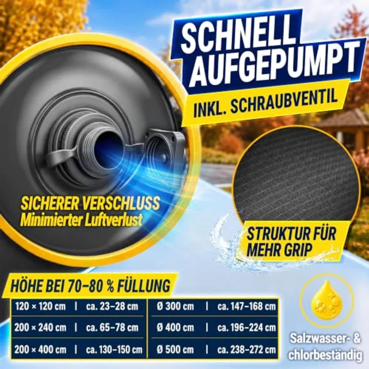 tillvex® Poolkissen Winter XXL Ø 4 m, frost- & chlorbeständig bis -20°C, mit 12m Seil & Reparaturkit, inkl. Schraubventil für Poolabdeckung – Bild 4
