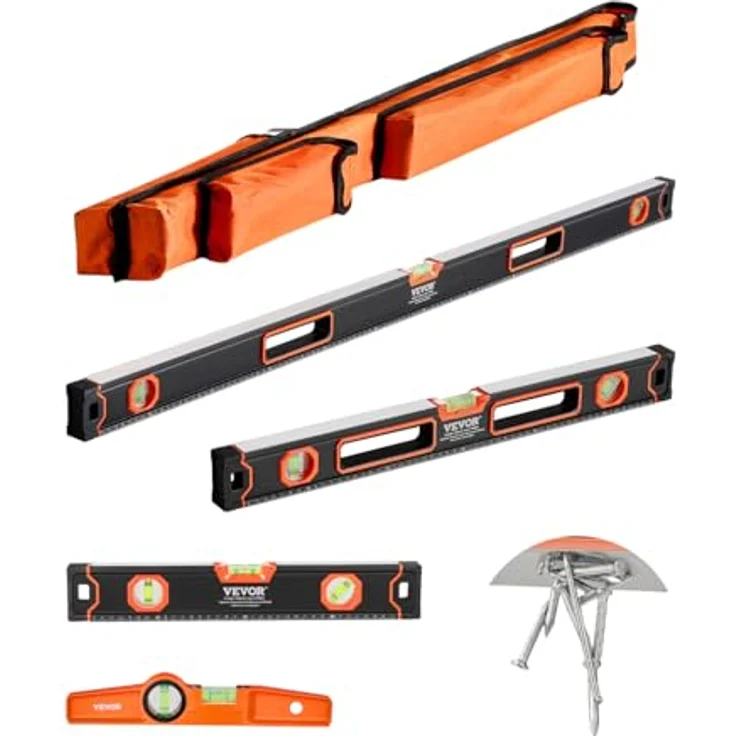 VEVOR 4-teiliges Torpedo-Wasserwaagen-Set, 120/60/40/25cm, magnetische Wasserwaagen mit 3-in-1-Messfunktion, Aluminiumlegierung mit Staubschutzaufbewahrung – Bild 1