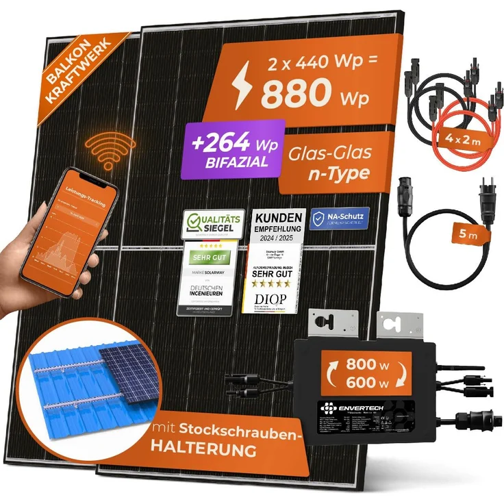 Solarway 880W Balkonkraftwerk 800W - Bifaziale Solarmodule, Envertech Wechselrichter, Stockschrauben - Glas/Glas n-Type JaSolar - 800W Output - Wifi Überwachung – Bild 1