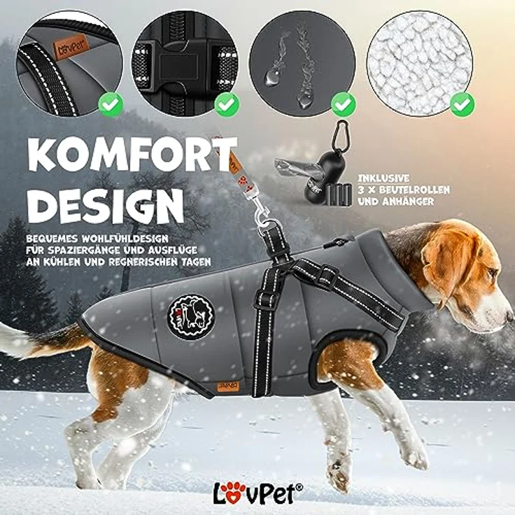 LOVPET® Hundejacke Hundemantel mit Geschirr, inkl. 45 Stück Kotbeutel + Spender, Hunde Winterweste gefüttert wasserdicht, Gepolsterte Weste Mit Brustgurt, Reflektoren, D-Ring 5XL, Anthrazit – Bild 3