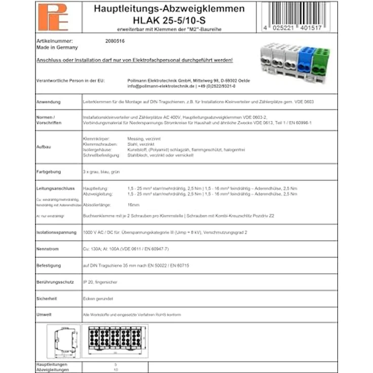 Pollmann Elektrotechnik Abzweigklemme HLAK 25-5/10-S, flexible 5-polige Verbindungsklemme, starr – Bild 5
