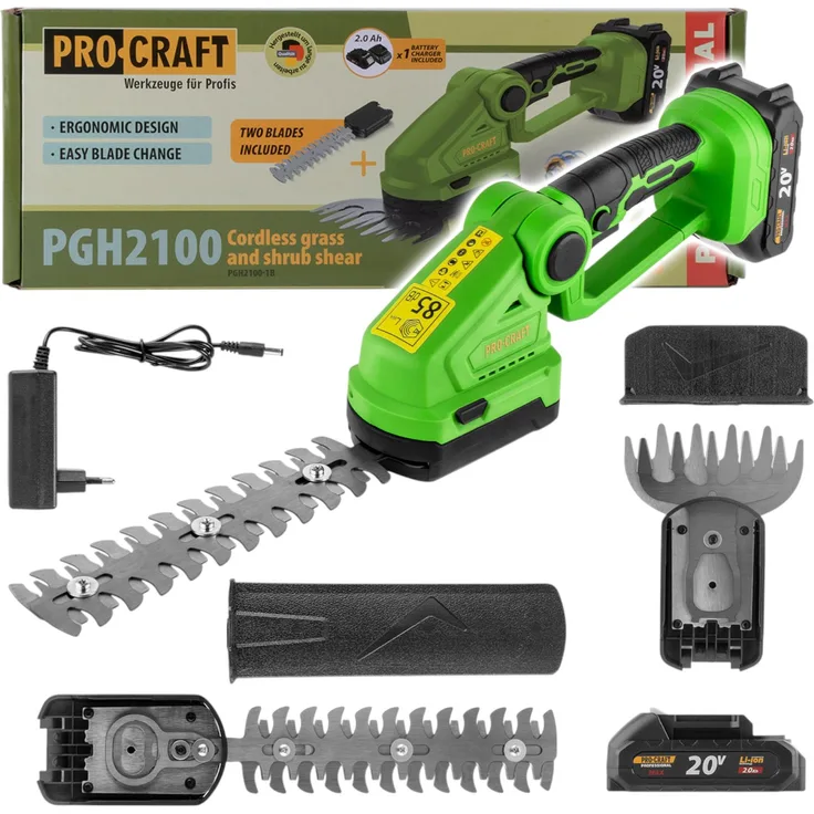 Procraft PGH2100, Akku Gras und Strauchschere 20 V mit 2,0 Ah Akku, Ladegerät und wechselbaren Aufsätzen