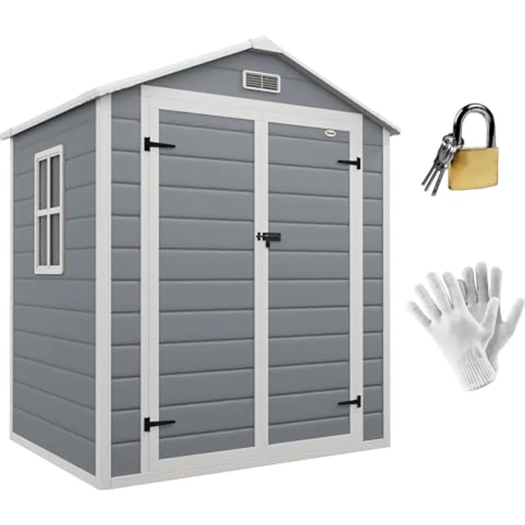 Outsunny Gerätehaus mit Pultdach 2,12 m² Gartenhaus mit Fenster Geräteschuppen Abschließbarer Geräteschrank mit Handschuhe für Garten Balkon Grau 183 x 134 x 210 cm
