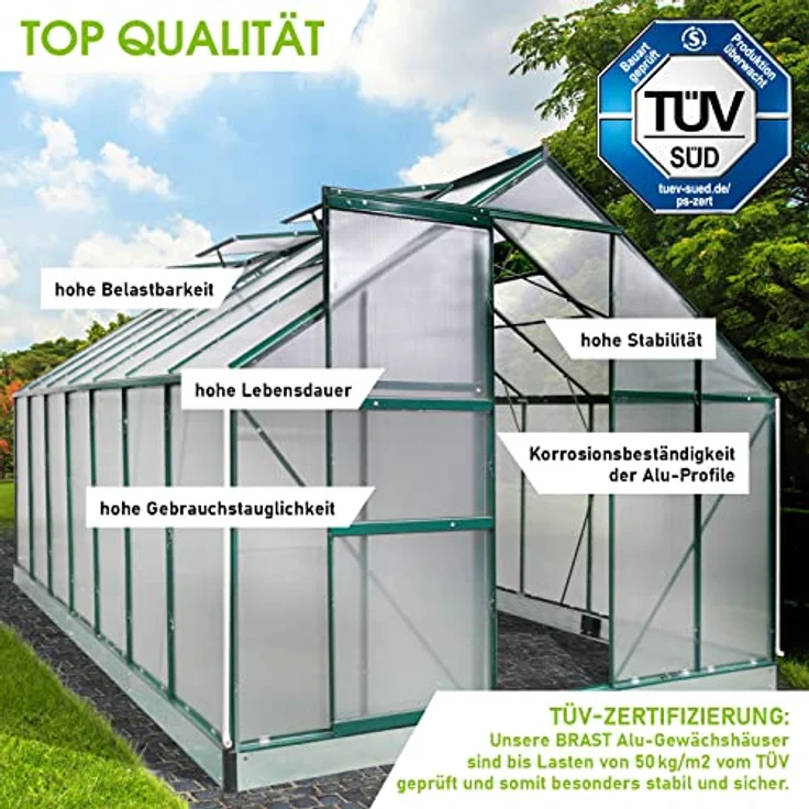 BRAST Gewächshaus Aluminium mit Fundament, 430x250x205cm, TÜV geprüft, 6mm Hohlkammerplatten, rostfrei, wetterfest, temperaturbeständig, grün – Bild 3