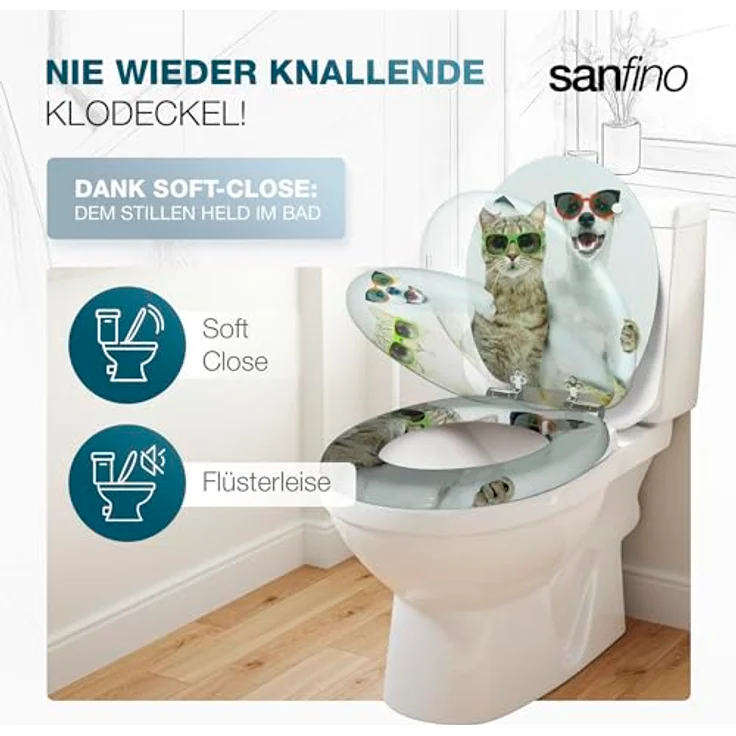 Sanfino WC Sitz Cat & Dog, Toilettendeckel mit Absenkautomatik aus Holz, weiß mit buntem Motiv, verchromte Metallscharniere – Bild 2