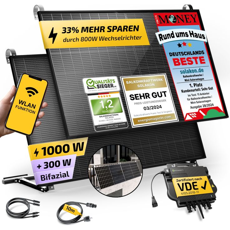 Solakon Balkonkraftwerk 890W / 600W Solaranlage Steckerfertig WIFI mit Balkon Halterung Komplettset Photovoltaik Anlage 600W/800W