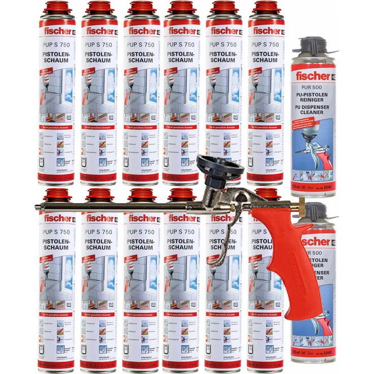 12x Fischer 1K Pistolenschaum PUP S 750ml B2 + Pistole M3 + 2x PUR500 Reiniger
