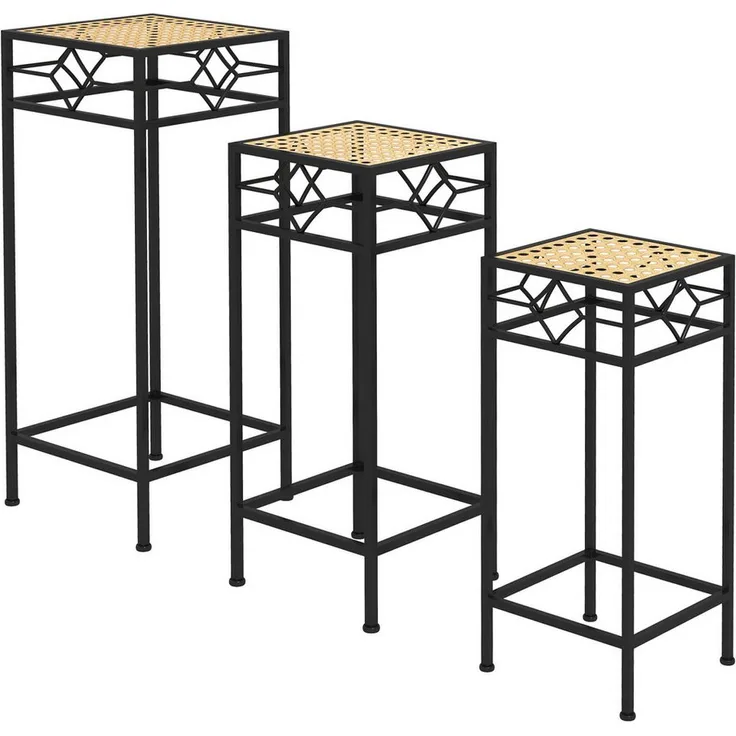 Outsunny Blumenständer 3-tlg. Pflanzenständer mit Rattanoptik, stapelbar (Blumenhocker, 3 St., Pflanzenhocker), Metall Gold, für Garten Balkon