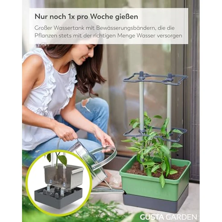 Gusta Garden Pflanzkübel CHARLY CHILI, mit automatischem Bewässerungssystem und stabiler Rankhilfe, Dunkelgrün – Bild 4