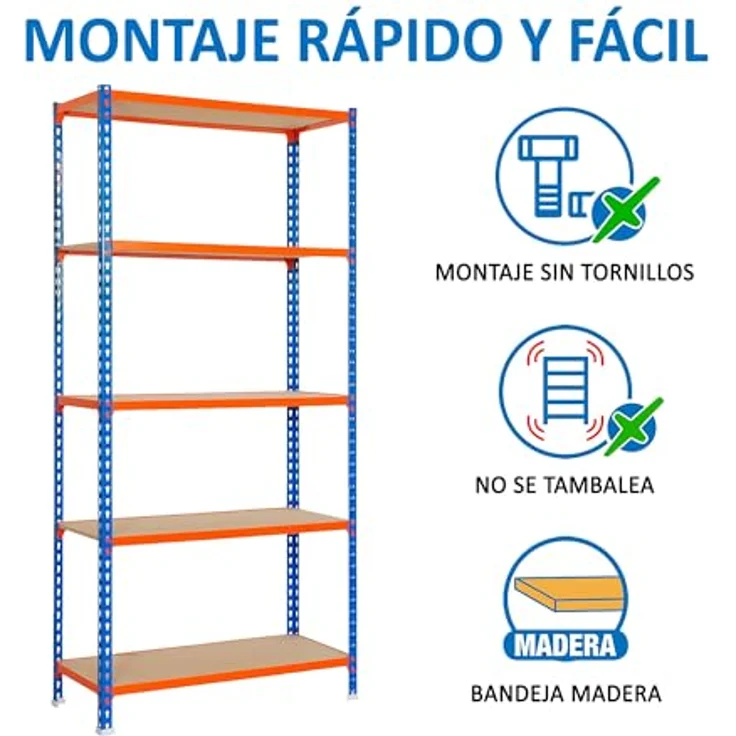 Simonrack Maderclick Metallregal, 180 x 90 x 40 cm, 5 Böden, Traglast 150 kg pro Boden, Stecksystem, Blau/Orange – Bild 5