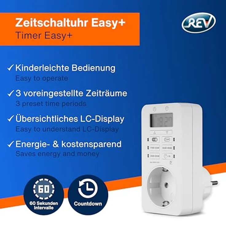 REV Zeitschaltuhr Easy+, digitale Zeitschaltuhr mit LCD-Display, weiß, mit integriertem Akku und erhöhtem Berührungsschutz – Bild 2