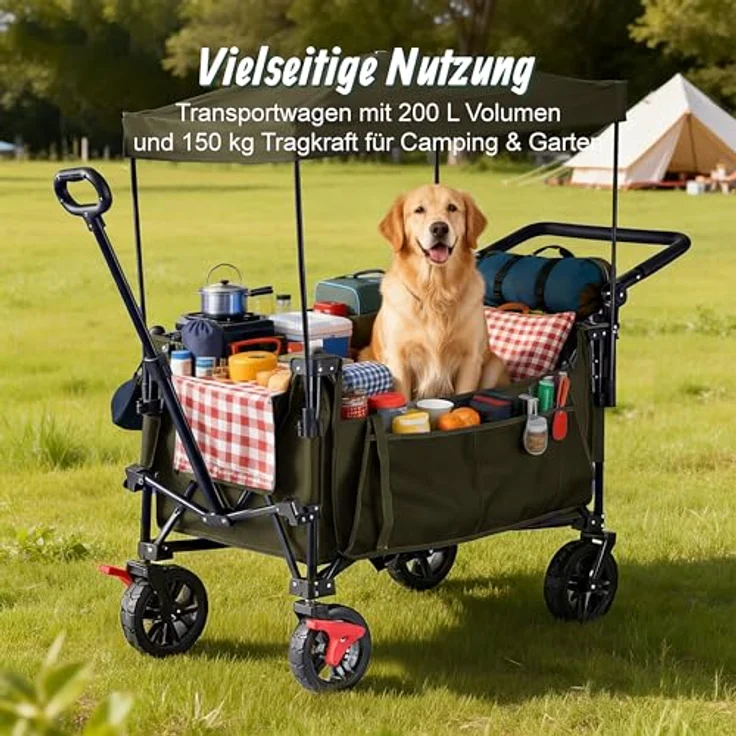 Relaxdays Bollerwagen, faltbar, 150 kg Traglast, mit Dach, Teleskop- und Schiebegriff, Gummireifen mit Bremse, grün – Bild 2