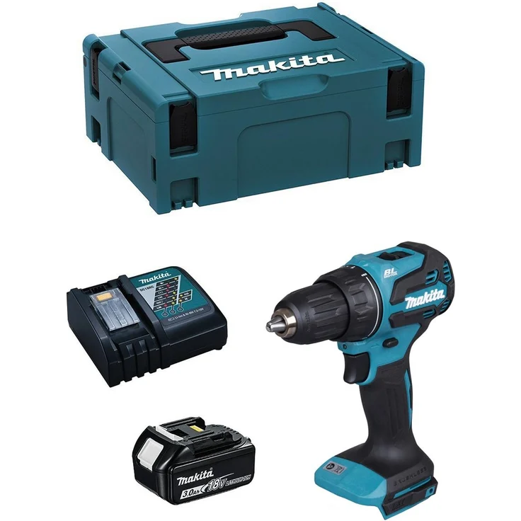 Makita DDF490RFJ1, Bohrschrauber mit 3,0 Ah Akku, bürstenlosem Motor, 65 Nm Drehmoment, 2-Gang-Getriebe und XPT-Schutztechnologie