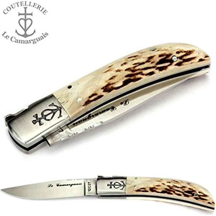 Le Camarguais 12 cm Taschenmesser 20094 - Griffschalen Hirschhorn - Klinge 10 cm Stahl 12C27-1 Backe – Bild 5