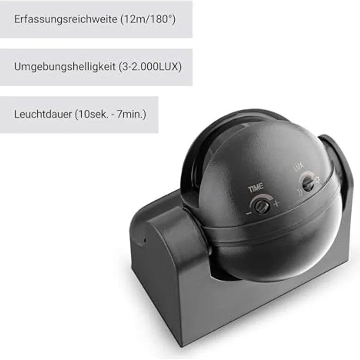 SEBSON® Bewegungsmelder Aussen IP44 Aufputz, Anthrazit, LED geeignet, programmierbar, Infrarot Sensor 12m / 180°, Wand Montage schwenkbar, 3-Draht – Bild 4