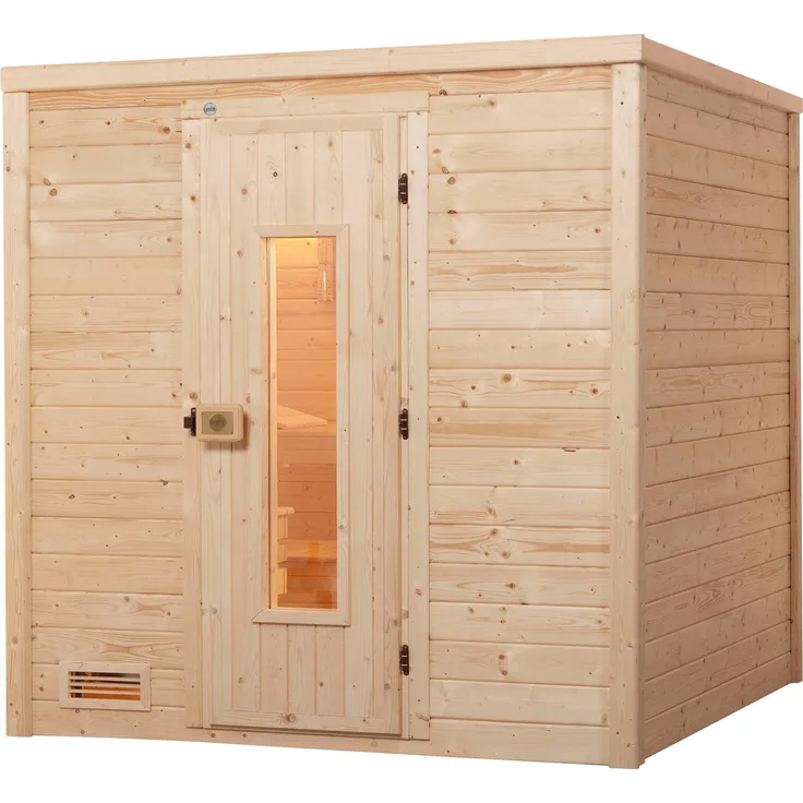 Weka Sauna Bergen 1.8, 195,5 x 178 x 205 cm, 45 mm, (Set) 7,5 kW-Ofen mit digitaler Steuerung, Massivholz, rustikaler Look, mit isolierter Tür und Glaseinsatz