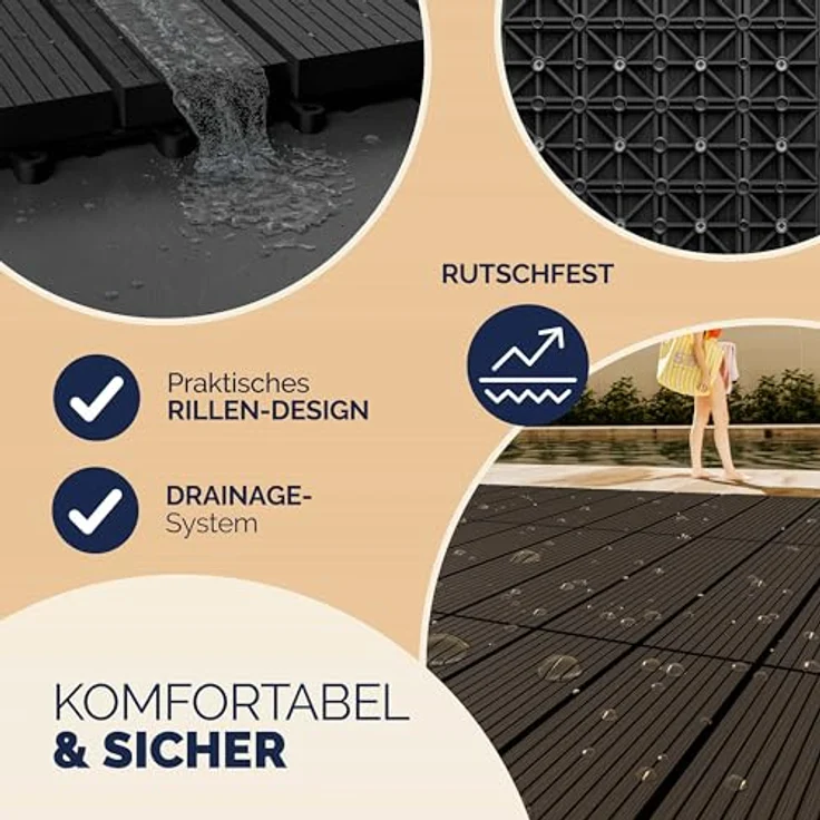 WPC Fliesen 1m²-4m² Terrassenfliesen Set Holzfliesen 30x30cm Balkon Pool Garten 11x Klassik anthrazit 4250525376623 – Bild 6