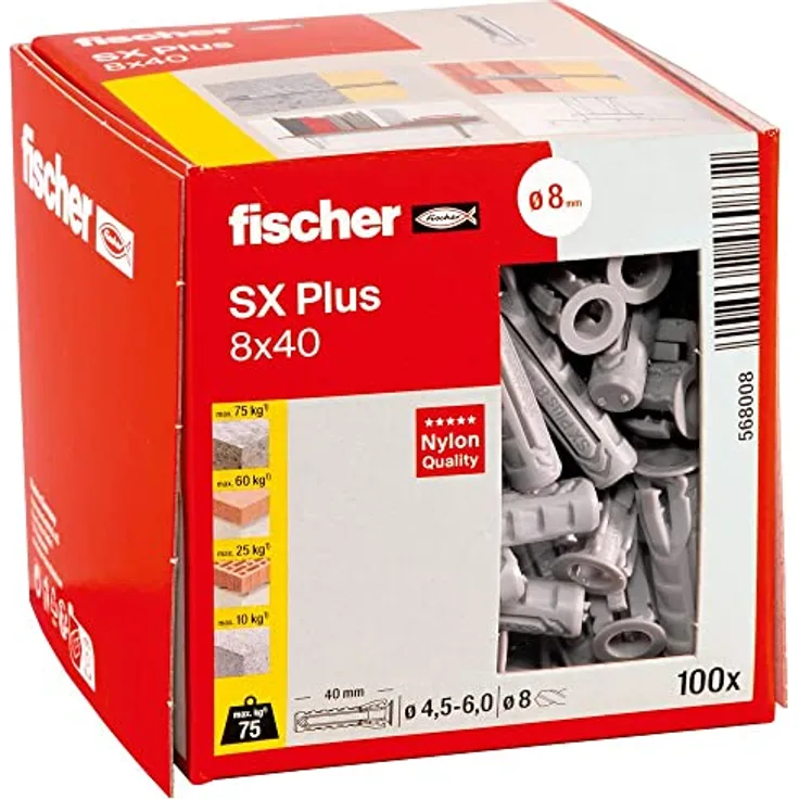fischer Spreizdübel SX Plus 8 x 40, Schachtel mit 100 Nylondübeln, Dübel für optimalen Halt bei Befestigungen in Beton, Vollziegel, Porenbeton, Hochlochziegel uvm.
