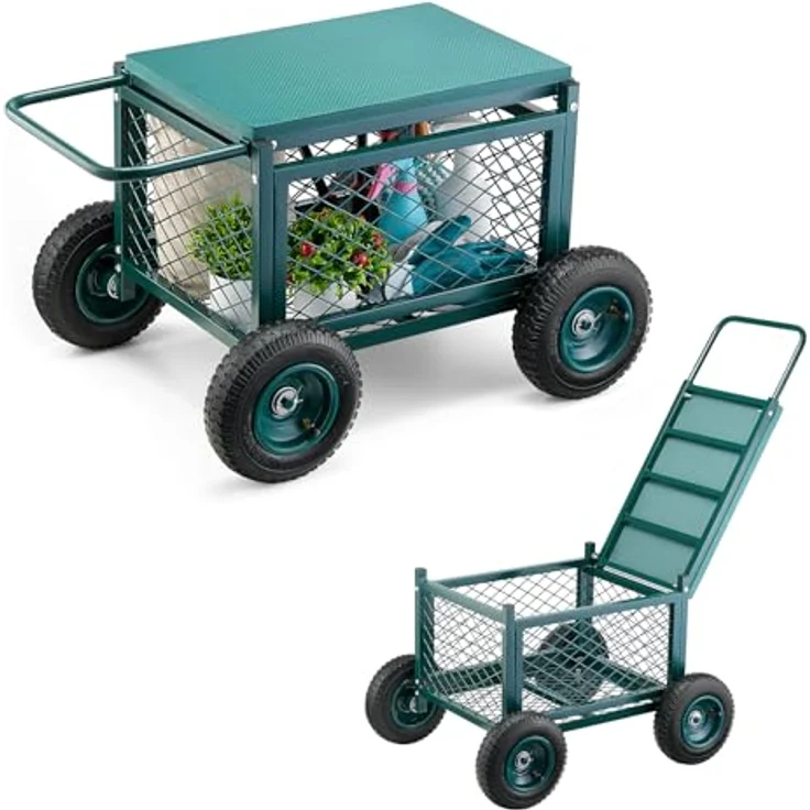 VEVOR Gartenrollsitz, Rollbarer Gartensitz aus Metall mit 180 kg Tragkraft, 4-in-1 Design mit Stauraum, 8-Zoll-Rädern, für Rasen und Terrasse – Bild 1