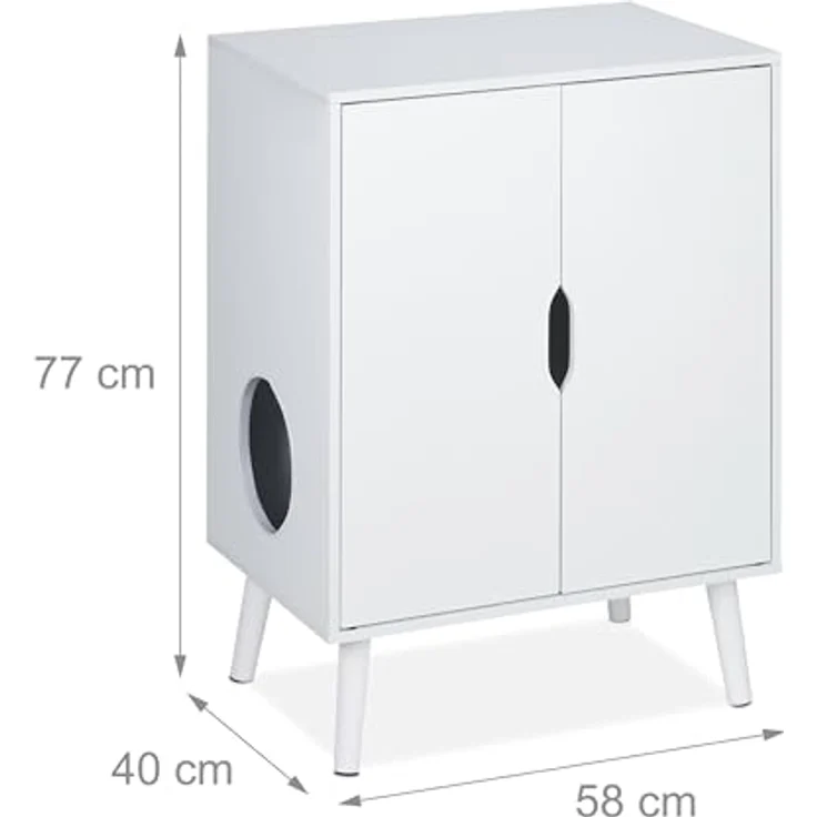 Relaxdays Katzenschrank für Katzentoilette, 2 Türen, Katzenklo verstecken, Eingang, Katzenkommode HBT: 77x58x40 cm, weiß – Bild 4