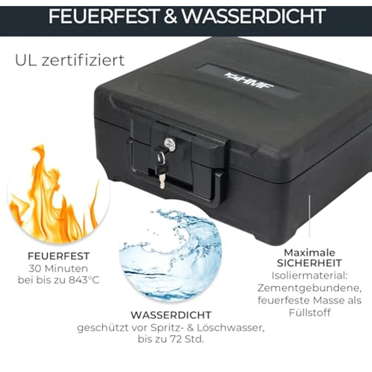 HMF Feuerfeste Dokumentenbox DIN A4, wasserdichte Geldkassette abschließbar, 39 x 40 x 17 cm, schwarz, schützt vor Feuer und Wasser – Bild 2