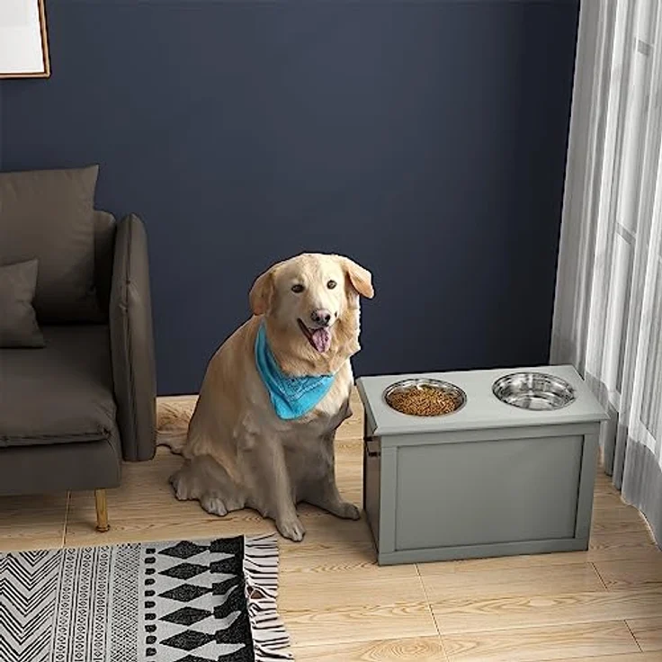 PawHut Hunde Fressnapf mit Staumraum 2 Näpfen Futterstation Edelstahlnapf Katzenapf Edelstahl Grau 60 x 30 x 41 cm, erhöhtes Design und versteckte Aufbewahrung – Bild 2