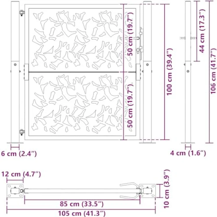 vidaXL Gartentor Schwarz 105x105 cm Stahl Blatt-Design, Abschließbar mit 3 Schlüsseln – Bild 3