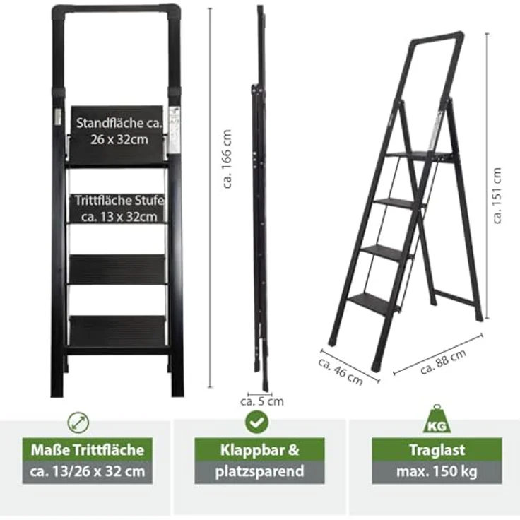 TRUTZHOLM Alu Trittleiter 4-stufig klappbar, bis 150 kg Traglast, Aluminium Silber mit Anti-Rutsch Trittflächen, TÜV/GS geprüft, leicht und platzsparend (Schwarz) – Bild 3