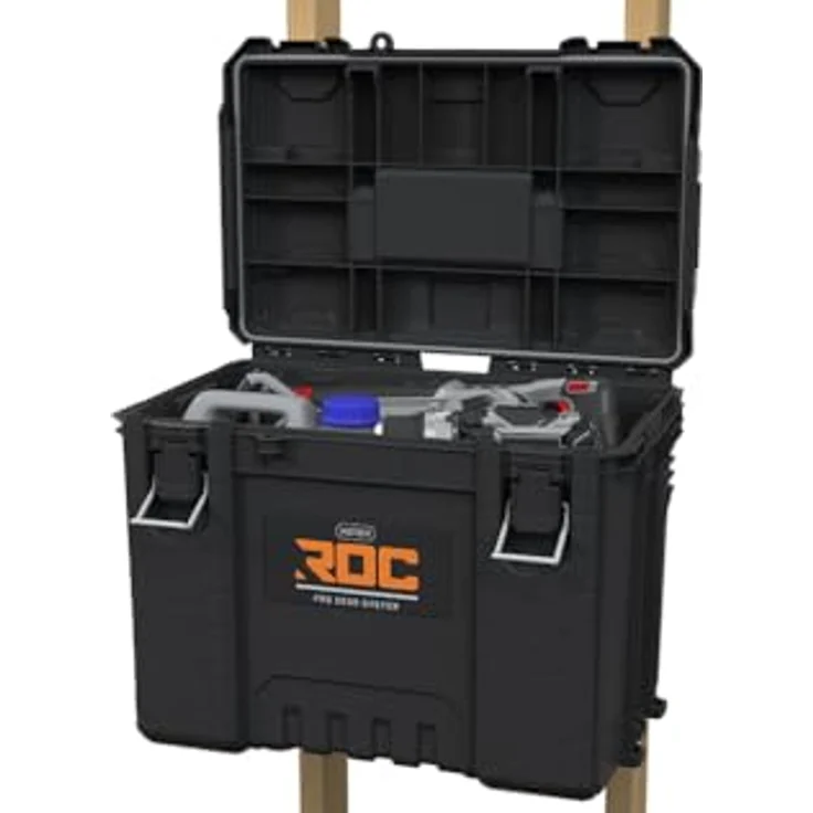 Keter XL-Werkzeugkasten ROC PRO GEAR 2.0, robuster Werkzeugkoffer aus Technopolymer mit klappbarem Deckel und integriertem Fach für kleinere Werkzeuge – Bild 6