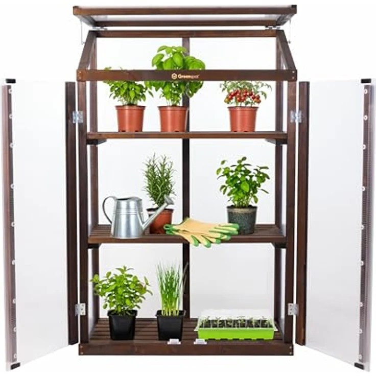 Greenspot Mini-Gewächshaus für Balkon und Terrasse, 80 x 42 x 120 cm, stabil mit 3 Regalen, Dark Rosewood – Bild 2