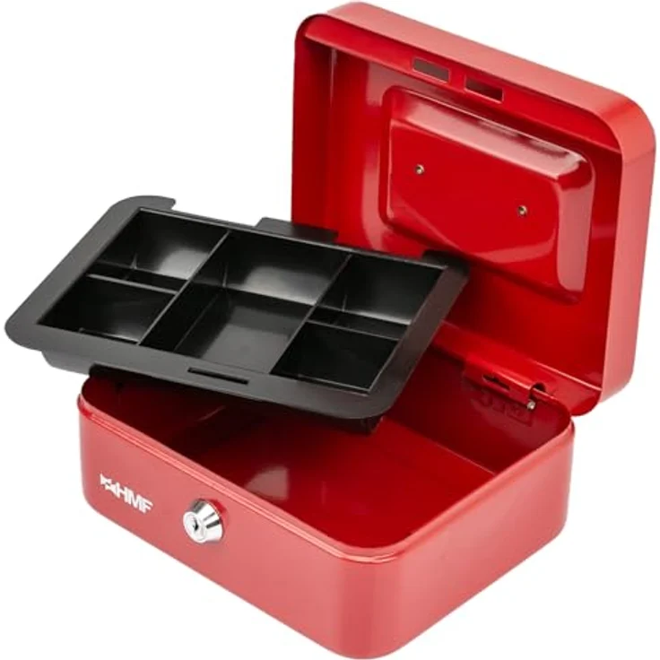 HMF Geldkassette abschließbar, Kasse mit 5 Münzfächern, herausnehmbarer Münzeinsatz, 20 x 16 x 9 cm, Rot – Bild 2