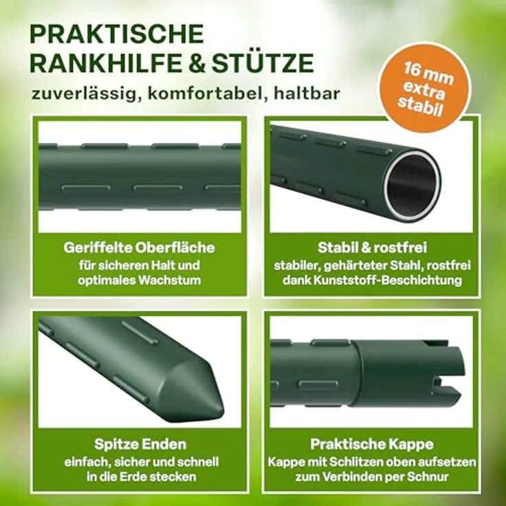TTL GARDEN Rankstäbe 15er Set, 150cm x 16mm Ø grün, extra stabil mit Klettband und Clips, rostfreier Stahl, für Tomaten und Kletterpflanzen – Bild 4