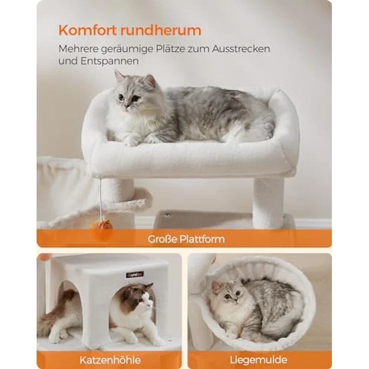 Feandrea Kratzbaum, Katzenbaum mit großer Plattform, cremeweiß, 2-in-1-Kratzrampe, doppelte Türöffnungen, sicherer Spielplatz – Bild 5