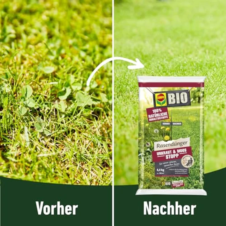 COMPO BIO Rasendünger Unkraut & Moos Stopp, 100% natürliche Inhaltsstoffe, 5,5 kg für 110m², beugt Unkraut- und Moosansiedlung vor – Bild 4