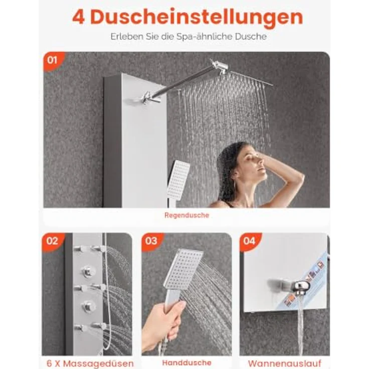 VEVOR Duschpaneel-Turmsystem mit Regenwasserfall-Duschkopf, 124 cm Duschsäule aus gebürstetem Edelstahl, mit Handbrause & 6 Massagedüsen, LCD-Temperaturanzeige – Bild 3