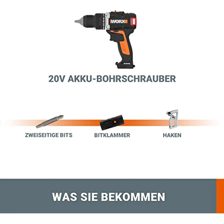 Worx WX175.9 Akku Bohrschrauber 20V Bürstenloser Akkuschrauber - 60Nm, 2-Gang-Getriebe & LED-Licht Akkubohrer Set zum Bohren & Schrauben - ohne Akku & Ladegerät – Bild 7