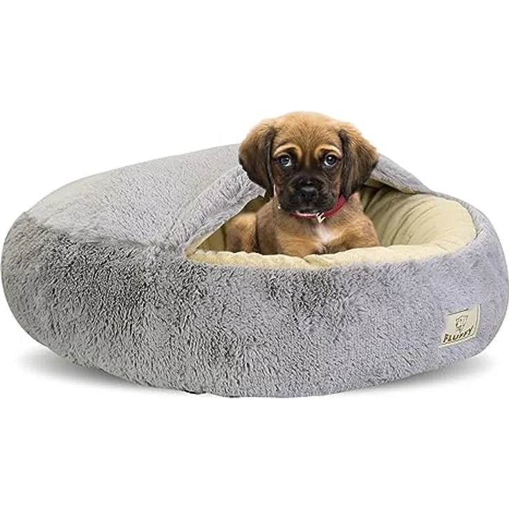 KingDog Shaggy Fluffy Haustierbett mit Kapuze, Kuschelbett für Katzen/Hunde, 18 mm Minky-Haar mit Silikon-Füllung, hellgrau, Durchmesser 70 cm – Bild 2