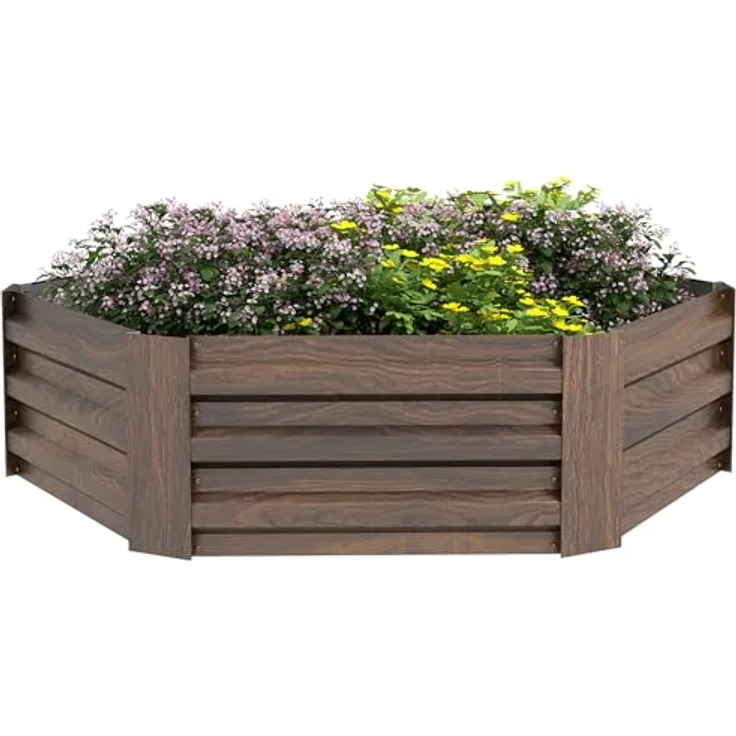 Outsunny Hochbeet aus Stahl, sechseckiger Blumenkasten mit offenem Boden, Pflanzkasten mit Holzoptik, Gemüsebeet für Balkon, Garten, Dunkelbraun, 113 x 98 x 30 cm
