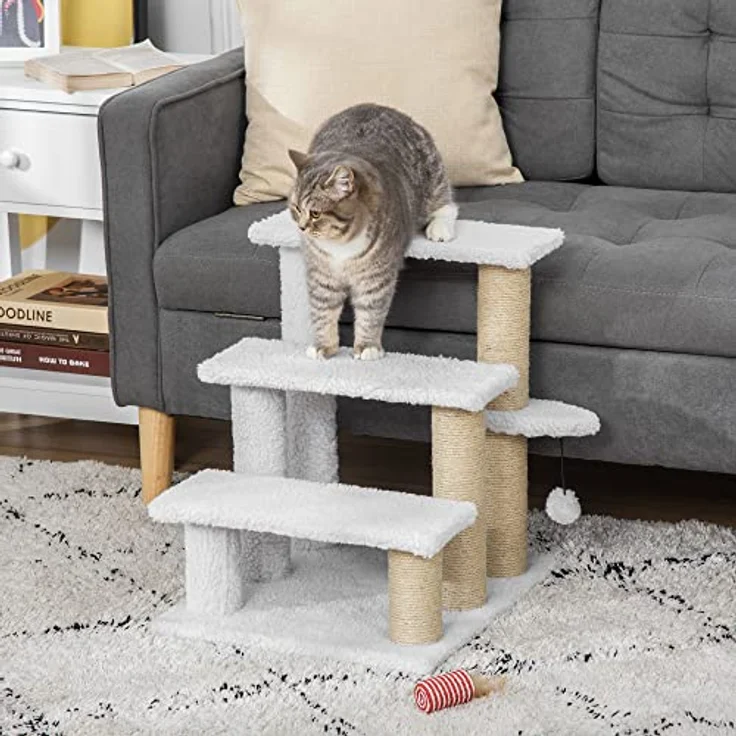Pawhut Haustiertreppe mit Kratzbaum Ball 3-stufige Katzentreppe Hundetreppe Tiertreppe Spanplatte Plüsch Jute Weiß 45 x 40 x 48 cm – Bild 2