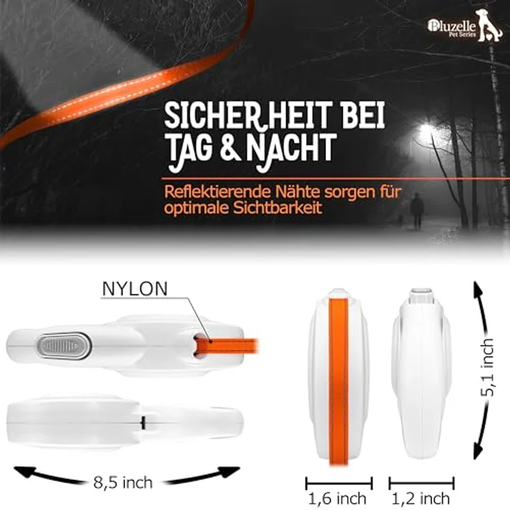bluzelle 8m Lange Hundeleine für Hunde bis 50kg, Flexible Rollleine Neon-Orange Leuchtender Reflektor-Gurt mit 360° Karabinerhaken Metall, Ergonomischer Griff Grau Gummiert & Einzugs-Bremse, Weiß – Bild 3