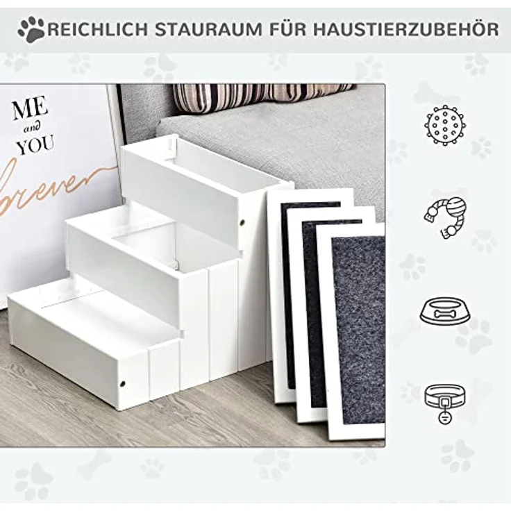 PawHut Haustiertreppe Hundetreppe Einstiegshilfe mit Teppich Stauraum Tannenholz Weiß 40,5 x 44,5 x 38 cm – Bild 5