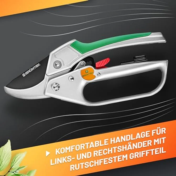 GRÜNTEK Amboss Gartenschere KONDOR 200 mm, automatisch zugeschaltete Ratsche, bis Ø24 mm, SK5 Klinge, Aluminium-Griffe mit PVC Beschichtung, inkl. Ölschwamm und Schärfer, grün – Bild 4