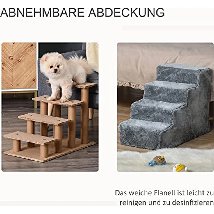 PawHut Haustiertreppe 4-stufige Hunderampe mit Abnehmbarer Bezug Katzentreppe Hundetreppe Tiertreppe Plüsch Grau 60 x 35 x 44 cm - Preisvergleich – Bild 4