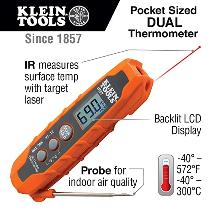 Klein Tools IR07 Digitales Thermometer, digital, Infrarot-Infrarot-Messgerät und Sonde, Taschenformat – Bild 3