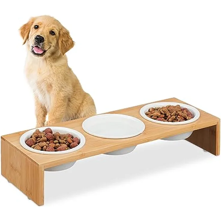 Relaxdays Futterstation Hund, Hundebar 3 Näpfe, je 400 ml, spülmaschinenfest, Bambus & Keramik, Napfständer, Natur/weiß